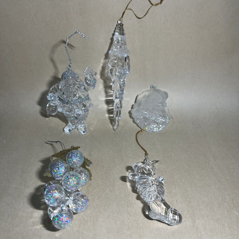 Set of 5 Acrylic Iridescent Glitter Christmas Tree Ornaments Santa, Bear, Grapes